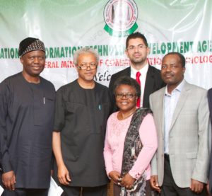 At the GITEX Prep-Forum in Abuja. L-R: Mr. DemolaAladekomo, CEO of Chams Plc., DG of NITDA, Mr. Peter Jack, Commercial Director at the DWTC, Bilal Al Rais, Mrs. Mary Uduma of NIRA, and President of ATCON, Mr. Lanre Ajayi.