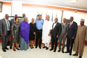 The Executive Vice Chairman of the Commission (EVC), Prof. Umar Garba Danbatta, together with senior management staff during a courtesy visit to the Inspector General of Police (IGP), Solomon Arase, at the Police Force Headquarters, Abuja on March 1, 2016.