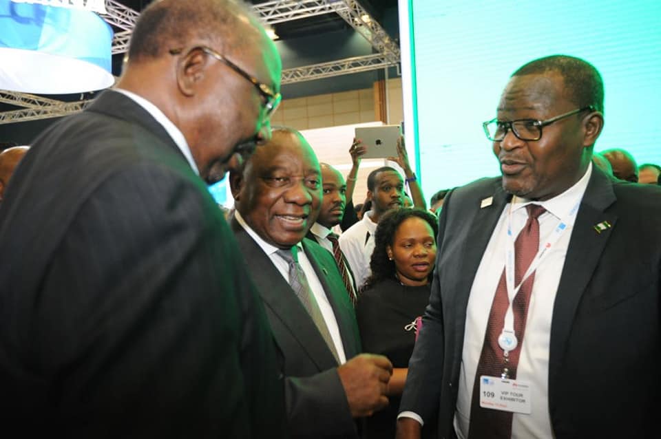 President of South Africa, Cyril Ramaphosa, Executive Vice Chairman, NCC, Prof. Umar Garba Danbatta, and at the Chairman, Board of Commissioners, NCC, Senator Olabiyi inside the Nigerian Pavilion at opening ceremony of ITU Telecoms World 2018, Durban, South Africa