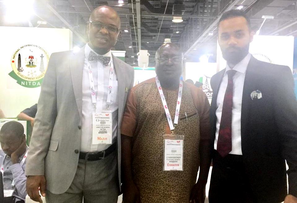 Plateau State Commissioner of Science and Technology, Hon. Dan Manjang, DG of NITDA, Dr Isa and a trade visitor at GITEX 2018, Dubai, UAE